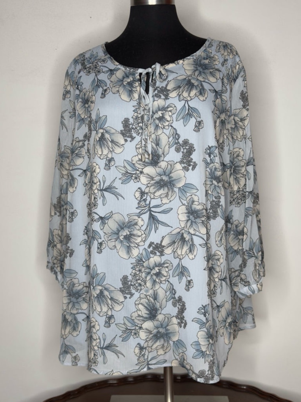Sara Michelle Dusty Blue Floral Boho Peasant Top - Size 2X